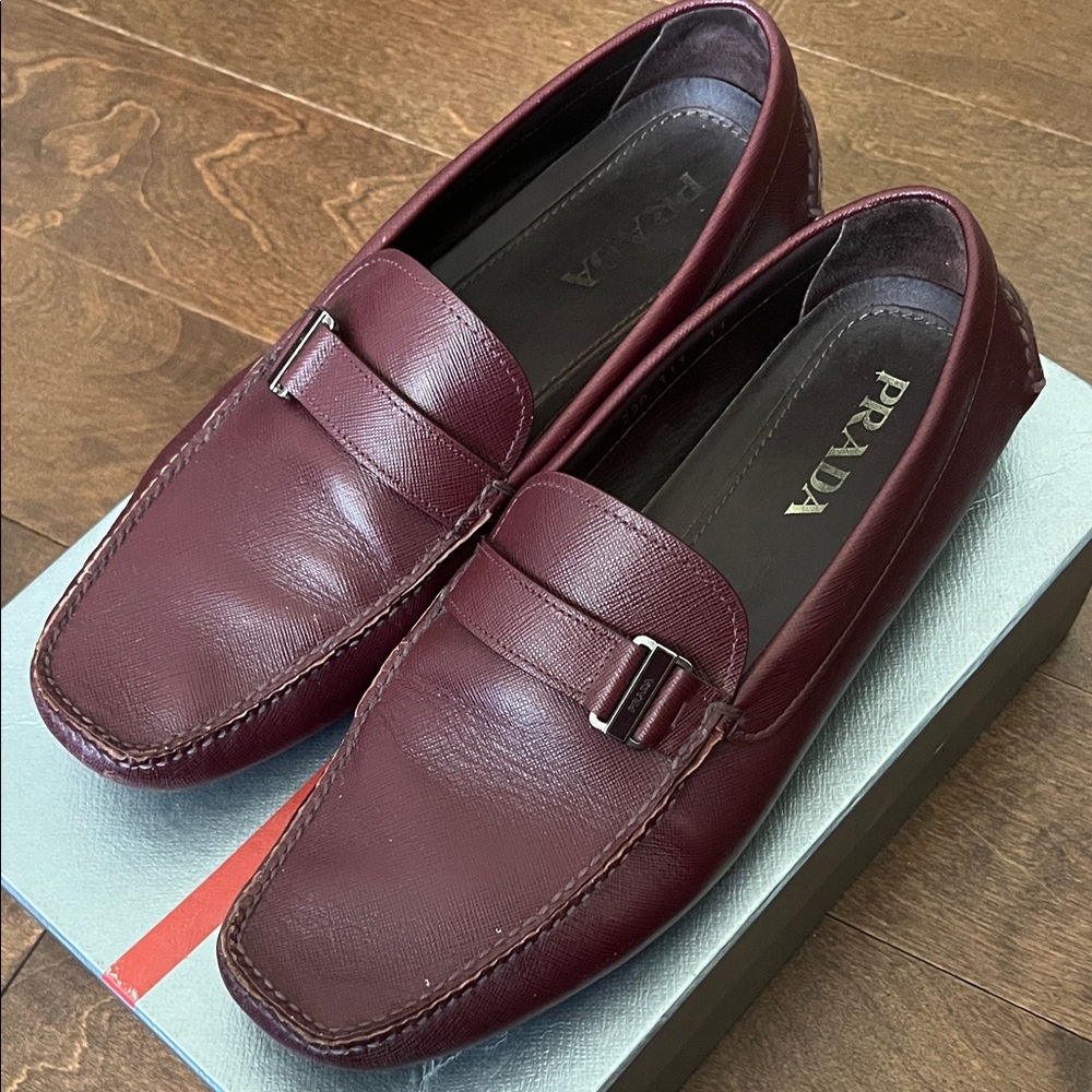 Prada Men's Burgundy Leather Slip-Ons